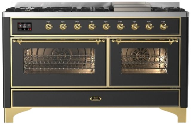Ilve® Majestic III 60" Graphite Matte Pro Style Dual Fuel Liquid Propane Range with Triple Glass Door and Brass Trim-0