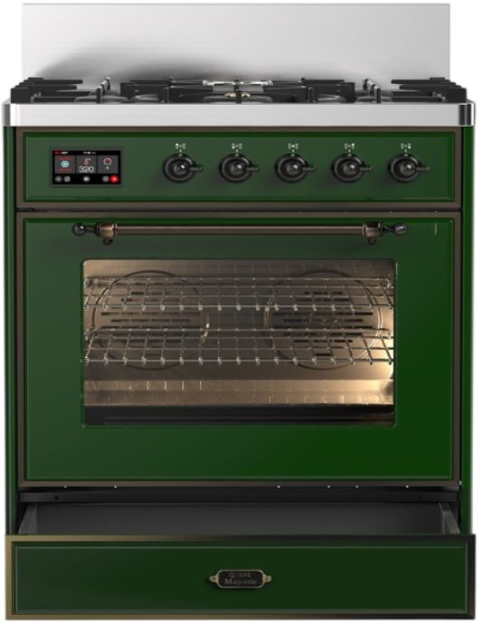 Ilve® Majestic III 30" Emerald Green Pro Style Dual Fuel Natural Gas Range with Triple Glass Door and Burnished Trim-1
