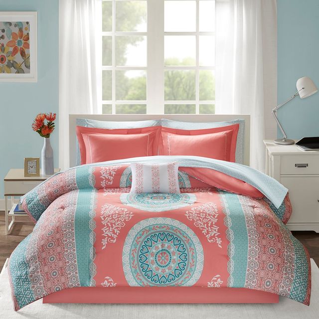 Olliix by Intelligent Design Loretta Coral Queen Comforter and Sheet Set-0