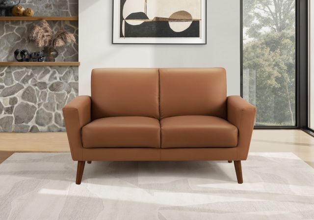 Monarch Specialties Inc. Cognac 58" Faux Leather Loveseat with Walnut Legs-1