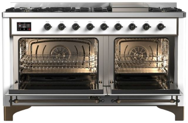 Ilve® Majestic III 60" White Pro Style Dual Fuel Natural Gas Range with Solid Door and Burnished Trim-1