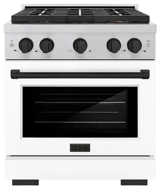 ZLINE Autograph Edition 30 in. 4.2 cu. ft. Paramount Gas Range with 4 Burner DuoPro™ Cooktop and Convection Gas Oven in Satin Stainless Steel with White Matte Door and Matte Black Accents (PSGRSZ-WM-30-MB)
