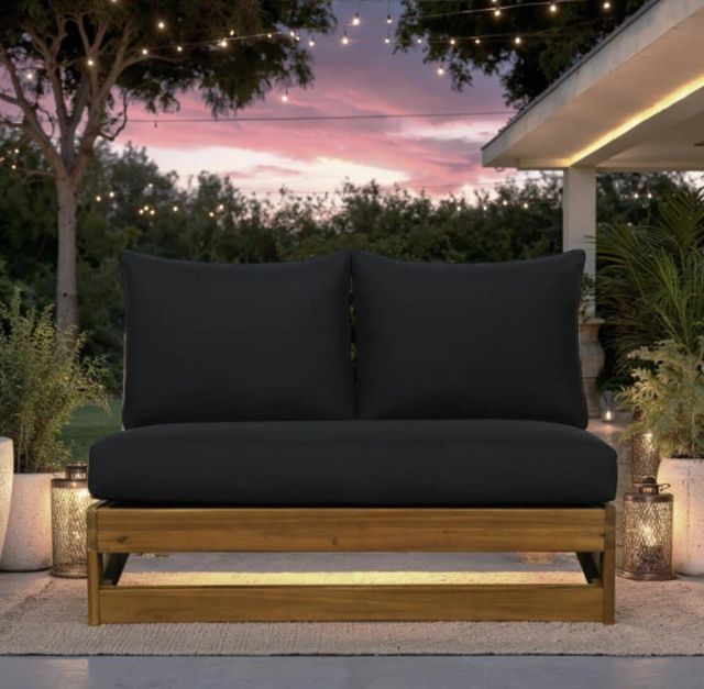 Linon Bluffton Black/Natural Wooden Outdoor Bench with Cushion-1