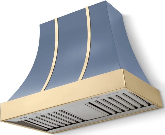 La Cornue CornuFé Cascade 36" Provence Blue Wall Mounted Range Hood with Polished Brass Trim-0