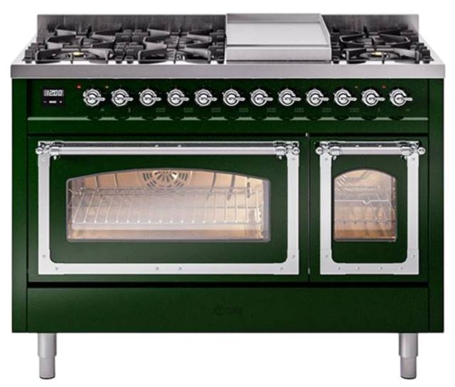 Ilve® Nostalgie II Noblesse 48'' Emerald Green Pro Style Dual Fuel Range with Chrome Trim-0