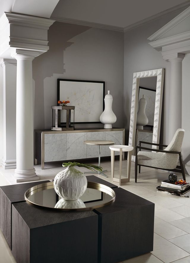 Bernhardt Axiom White Linen Accent Table with Linear Gray Base-1