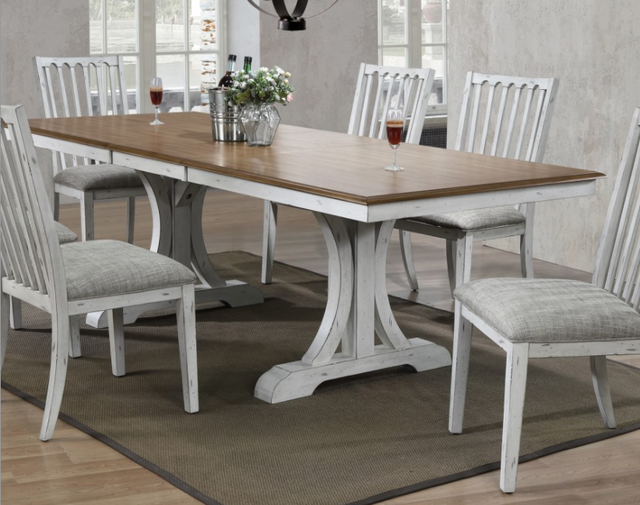 Winners Only® Highland Brown Oak 96" Dining Pedestal Table with Leaf and Antique White Base-1