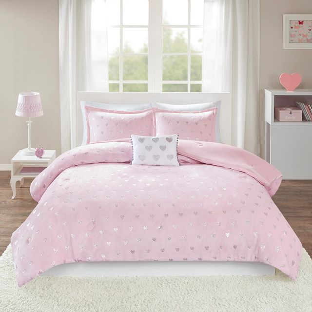 Olliix by Mi Zone Rosalie Pink and Silver Twin/Twin XL Metallic Printed Plush Comforter Set-0