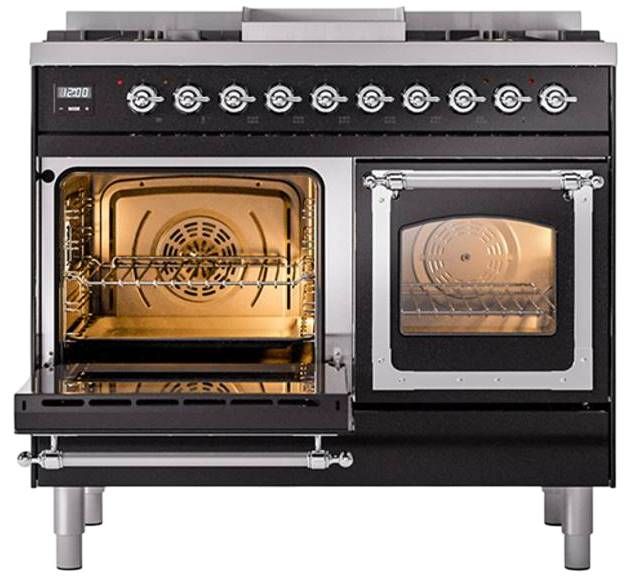 Ilve® Nostalgie II Noblesse 40'' Glossy Black Pro Style Dual Fuel Range with Chrome Trim-3