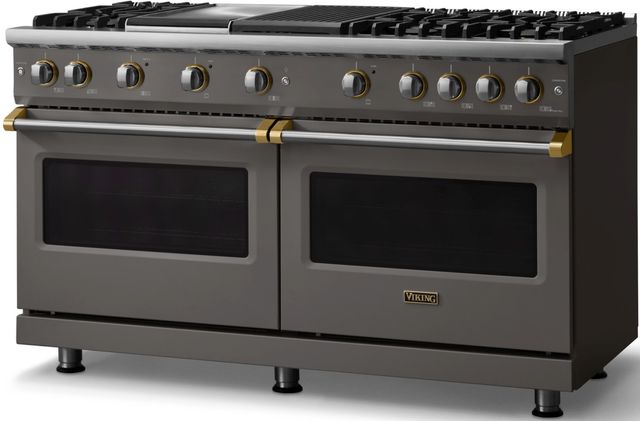Viking® 5 Series 60" Damascus Gray Pro Style Gas (LP) Range with Brushed Brass Trim-2