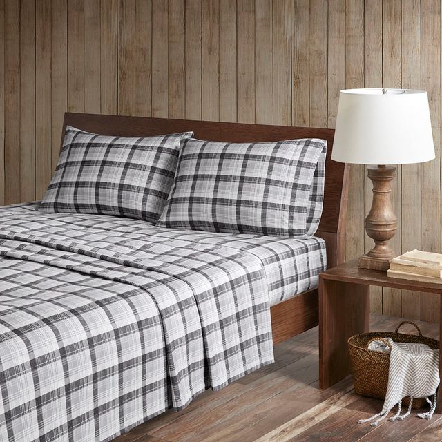 Olliix by Woolrich Grey Plaid King Flannel Cotton Sheet Set-4