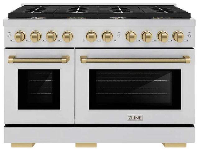 ZLINE Autograph Edition Paramount 48" Stainless Steel/Champagne Bronze Helix Handle Freestanding Double Oven Gas Range with 8 Burner Cooktop-0