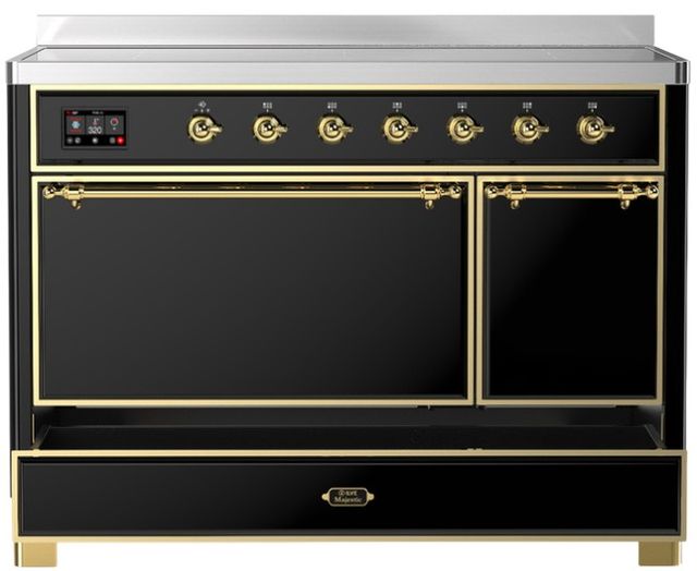 Ilve® Majestic III 48" Glossy Black Pro Style Induction Range with Solid Door and Brass Trim-2
