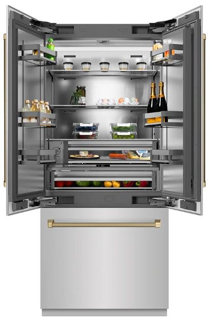 ZLINE Autograph Edition 36 " 19.6 Cu. Ft. Stainless Steel Interior and Polished Gold Helix Handles French Door Built-In Bottom Freezer Refrigerator with Water Dispenser and Ice Maker-2