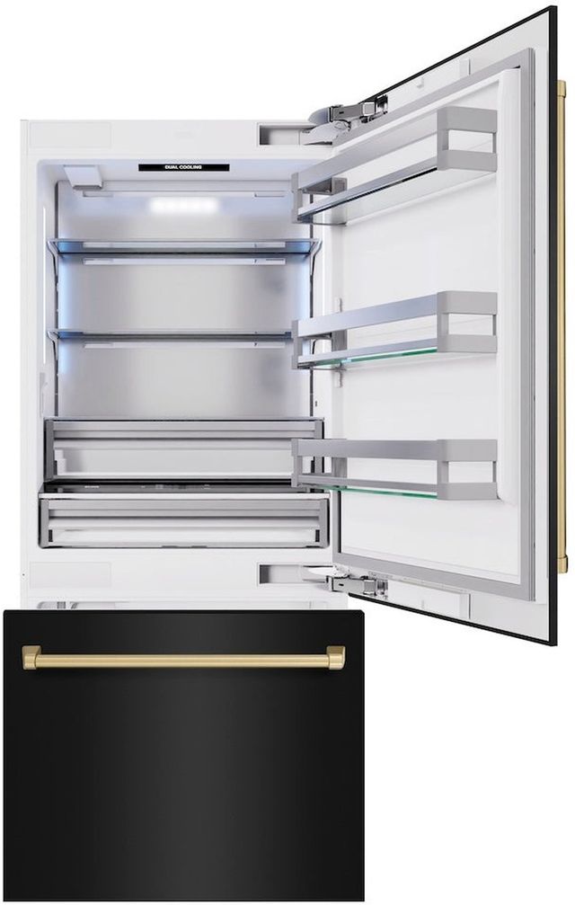 ZLINE Autograph Edition 36" 19.8 Cu. Ft. Black Stainless Steel Built-In Bottom Freezer Refrigerator with Water Dispenser, Ice Maker and Champagne Bronze Accents-1