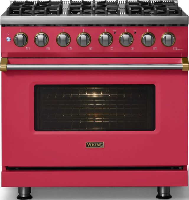 Viking® 5 Series 36" Valentine Pro Style Dual Fuel (LP) Range with Brushed Brass Trim-2