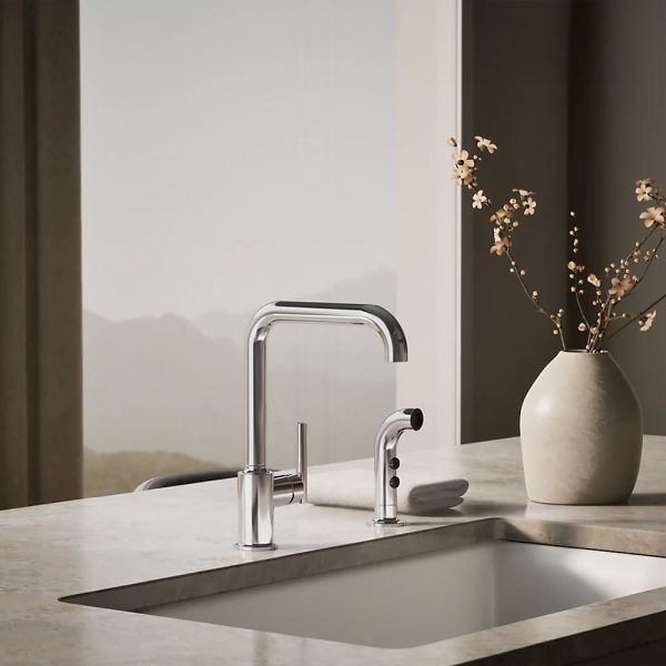 KOHLER® Purist® Polished Chrome Single-Handle Kitchen Sink Faucet with Side Sprayer-1