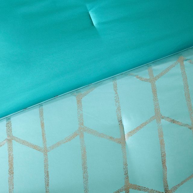 Olliix by Intelligent Design Raina Aqua and Silver Full/Queen Metallic Printed Comforter Set-2