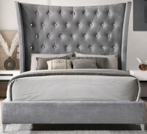 Milton Greens Stars Light Gray California King Wing Back Tufted Headboard Platform Bed-0