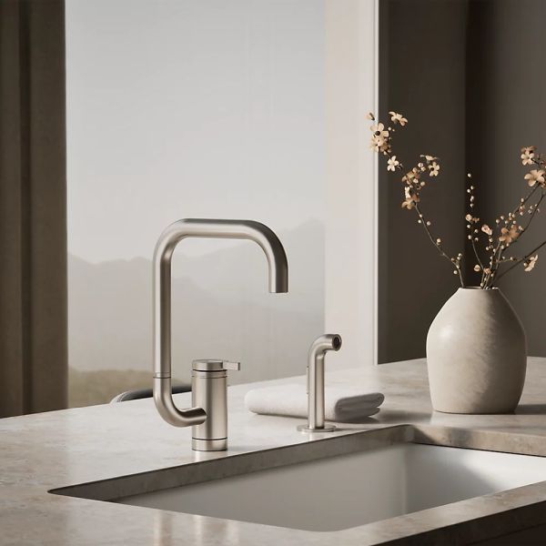 KOHLER® Components® Vibrant Stainless 13" Single-Handle Kitchen Sink Faucet with 2-Function Extended-Reach Spout and Side Sprayer-1