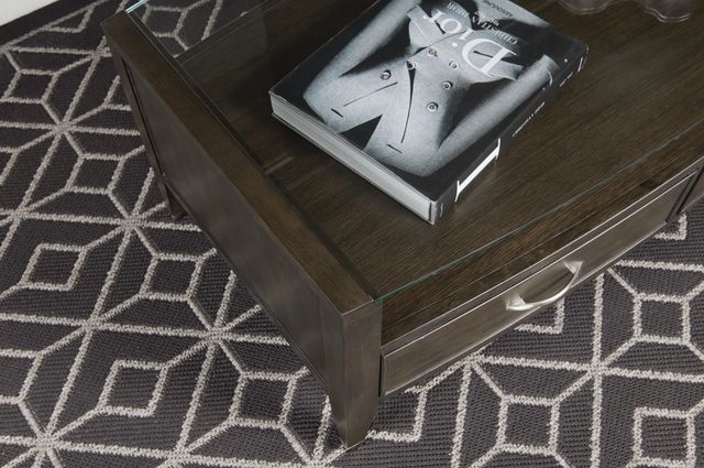 Hammary® Tesha Glass Top Rectangular Drawer Coffee Table with Brown Base-3