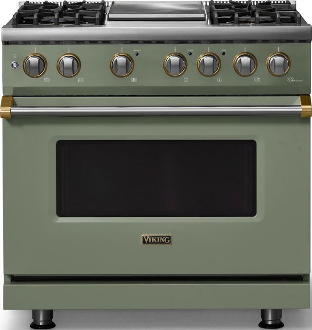Viking® 5 Series 36" Eucalyptus Pro Style Dual Fuel (NG) Range with Brushed Brass Trim-0