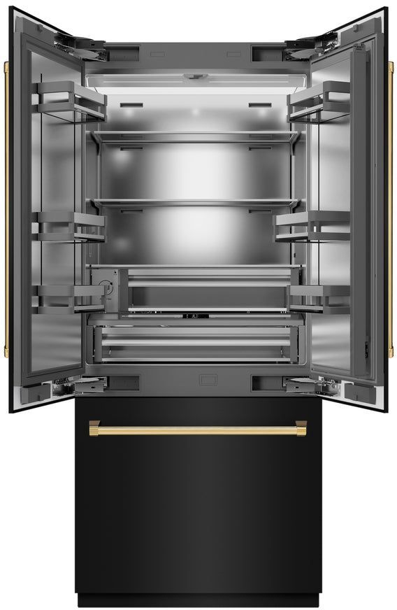 ZLINE Autograph Edition 36" 19.6 Cu. Ft. Black Stainless Steel Built-In French Door Refrigerator with Polished Gold Accents-2