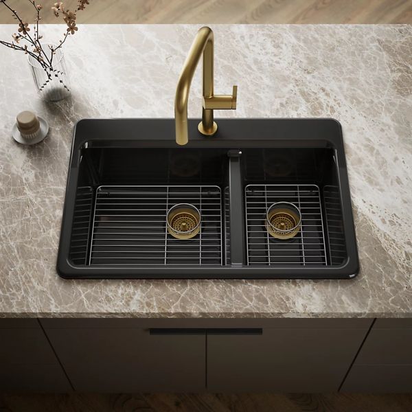 KOHLER® Riverby® Black 33" 1-Faucet Hole Top-Mount Double-Bowl Kitchen Sink-1