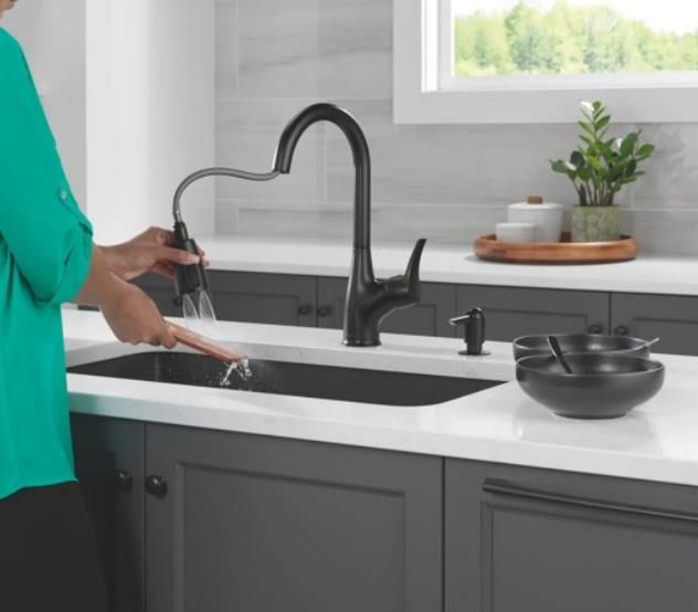 Peerless Retail Channel Product Matte Black Single Handle Pull-Down Kitchen Faucet with Soap Dispenser-4