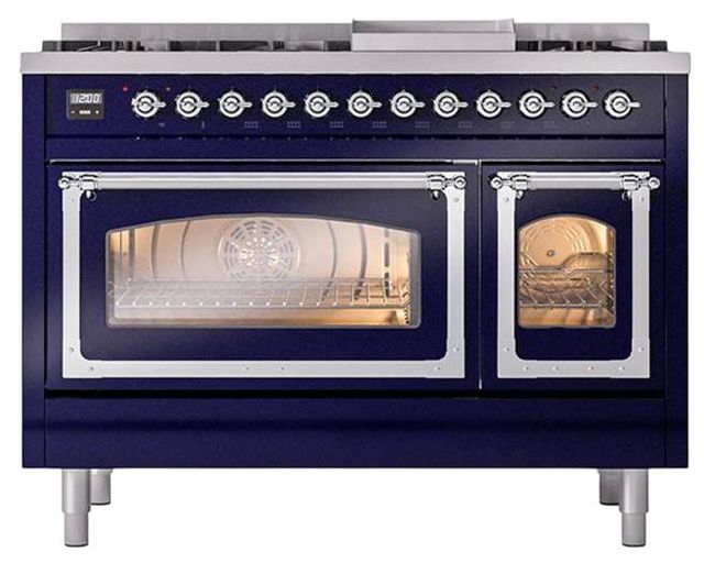 Ilve® Nostalgie II Noblesse 48'' Midnight Blue Pro Style Dual Fuel Range with Chrome Trim-1