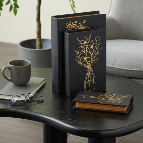 Deco Marche 3-Piece Black Floral Book Storage Decorative Box with White and Gold Accents Set-4