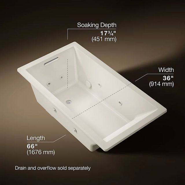 KOHLER® Underscore® Biscuit 66" x 36" Drop-in Heated Whirlpool Bath-2