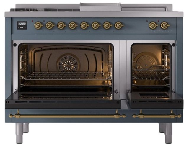 Ilve® Nostalgie II Noblesse 48'' Blue Gray Pro Style Dual Fuel Range with Brass Trim-2