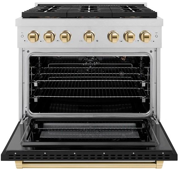 ZLINE Autograph Edition Paramount 36" 5.2 Cu. Ft. Satin Stainless Steel Gas Range with 6 Burner DuoPro™ Cooktop, Convection Gas Oven, Black Matte Door and Polished Gold Accents-1