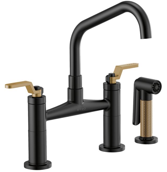 Brizo Litze® Brilliance® Luxe Gold®/Matte Black Bridge Faucet with Angled Spout and Industrial Handle-0
