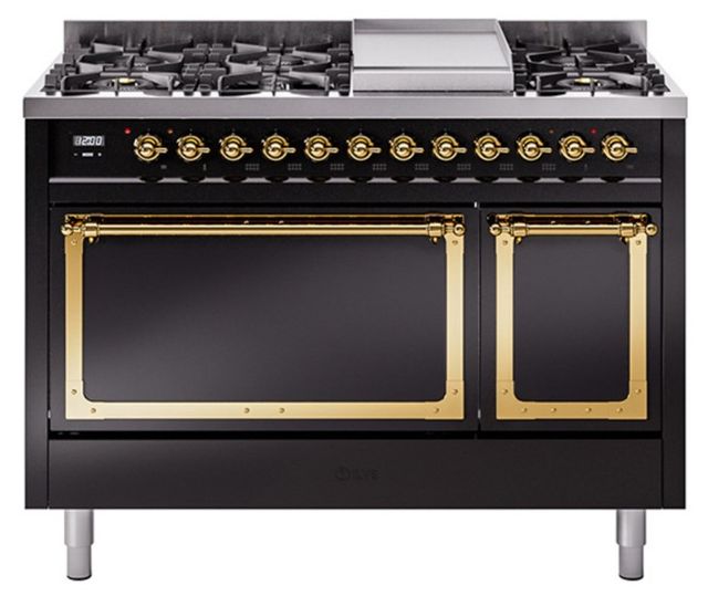 Ilve® Nostalgie II Noblesse 48'' Glossy Black Pro Style Dual Fuel Range with Brass Trim-0