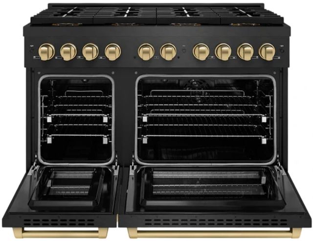 ZLINE Autograph Edition Paramount 48" 6.7 Cu. Ft. Black Satin Stainless Steel Paramount Dual Fuel Range with 8 Burner DuoPro™ Cooktop and Dual Ovens and Polished Gold Accents-1