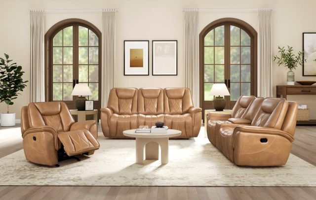 Corinthian Furniture Jordan Camel Power Headrest Reclining Sofa with Drop Down Table-1