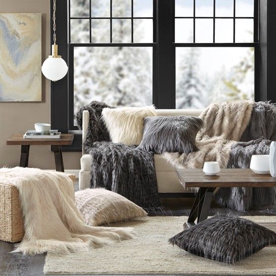 Olliix by Madison Park Edina Black Faux Fur Square Pillow-2