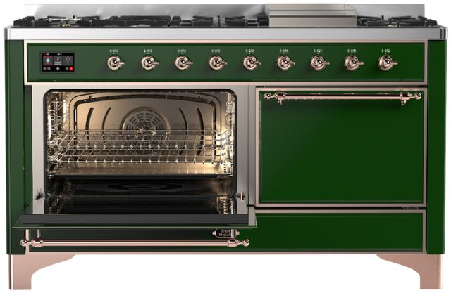 Ilve® Majestic III 60" Emerald Green Pro Style Dual Fuel Liquid Propane Range with Solid Door and Copper Trim-2