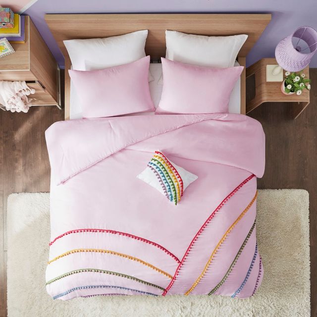 Olliix by Mi Zone Juniper Pink Twin/Twin XL Rainbow Comforter Set with Pompom Trim-2