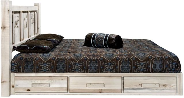 Montana Woodworks® Homestead Clear Lacquer California King Platform Storage Bed with Laser Engraved Bear Design-3