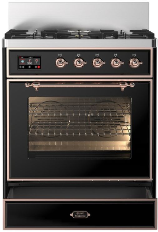 Ilve® Majestic III 30" Glossy Black Pro Style Dual Fuel Natural Gas Range with Triple Glass Door and Copper Trim-1