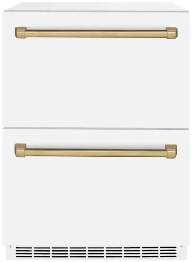 ZLINE Autograph Edition 24" Touchstone 168 Can Outdoor-Rated Dual Refrigerator Drawer with White Matte Doors and Champagne Bronze Handles-0