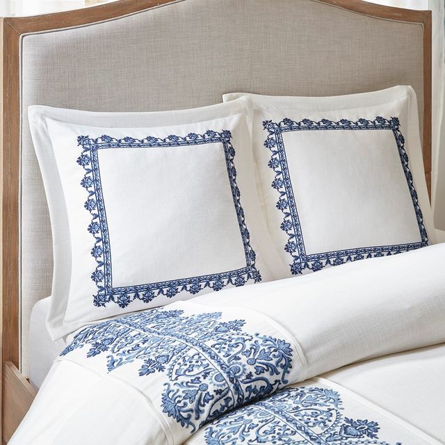 Olliix by Madison Park Signature Indigo Sky Off White/Blue King Faux Linen Oversized Comforter Set-4