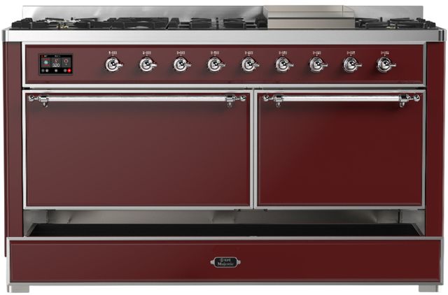 Ilve® Majestic III 60" Burgundy Pro Style Dual Fuel Natural Gas Range with Solid Door and Chrome Trim-1