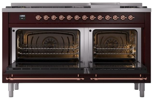 Ilve® Nostalgie II Noblesse 60'' Burgundy Pro Style Dual Fuel Range with Copper Trim-1