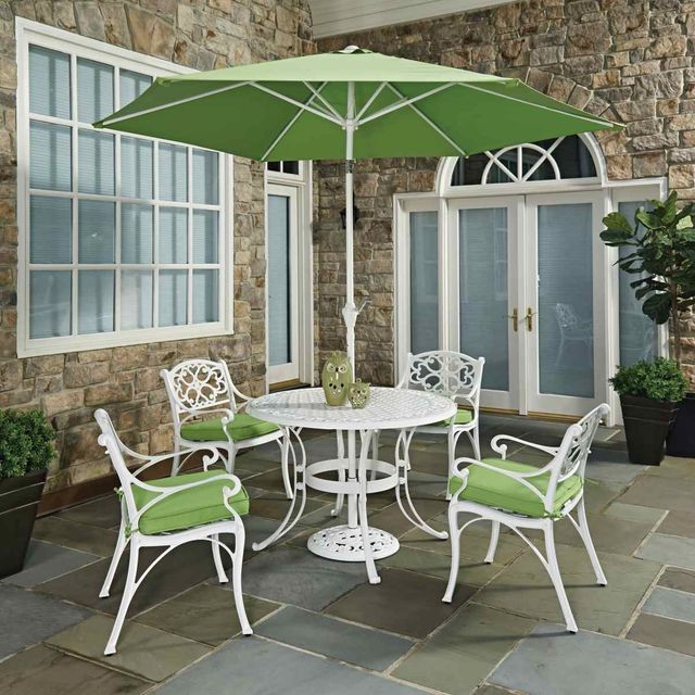 homestyles® Sanibel 7 Piece White Outdoor Dining Set with Umbrella and Cushions-1