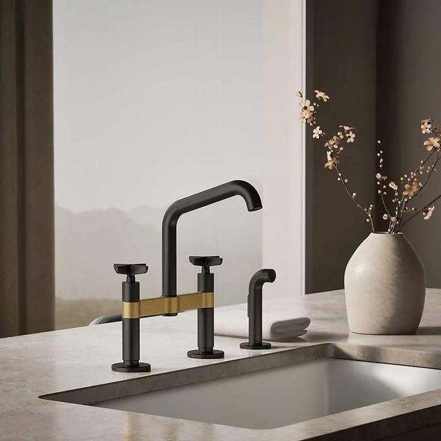 KOHLER® Billet® Matte Black with Brushed Moderne Brass 2-Hole Bridge Kitchen Sink Faucet with Side Sprayer-1