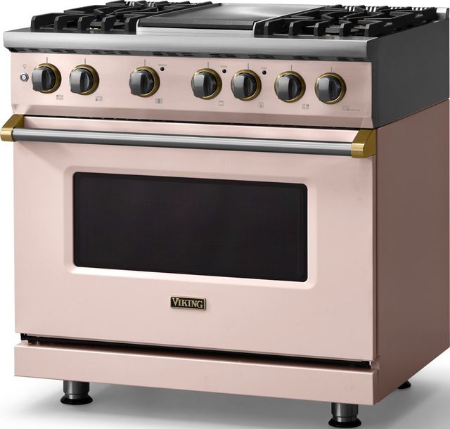 Viking® 5 Series 36" Blush Pro Style Dual Fuel (NG) Range with Brushed Brass Trim-3